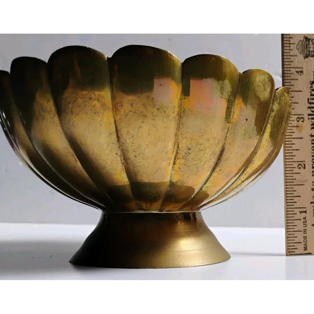 Vintage Solid Brass Lotus Pedestal Bowl Scalloped Edge Catchall Medium 5.5